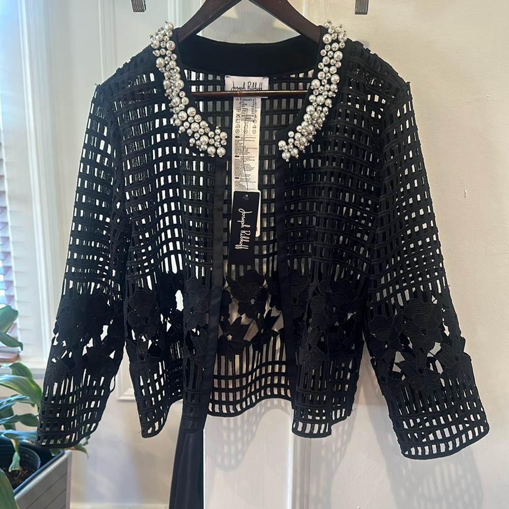 NWT vintage Joseph ribkoff black cardigan with pearl and diamond neckline